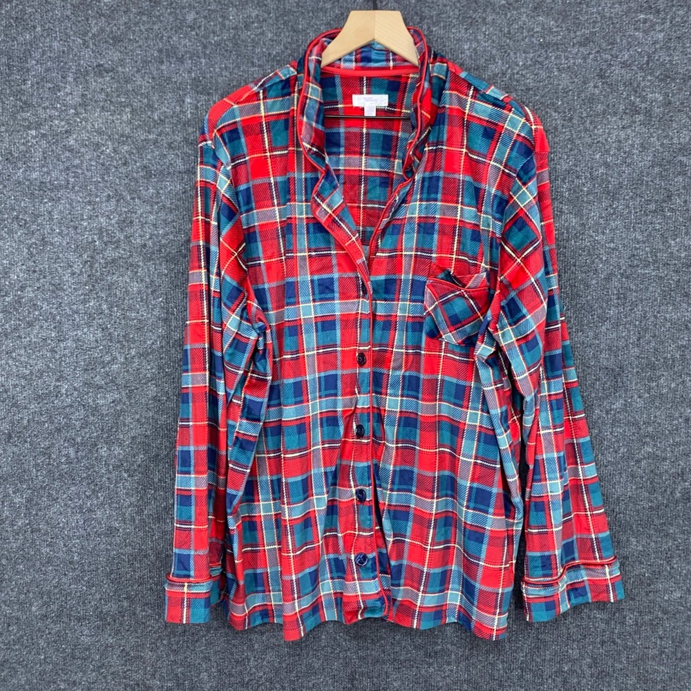 Secret Treasures Womens 3X Red Blue Plaid Fleece Button Down Pajama Top Pocket